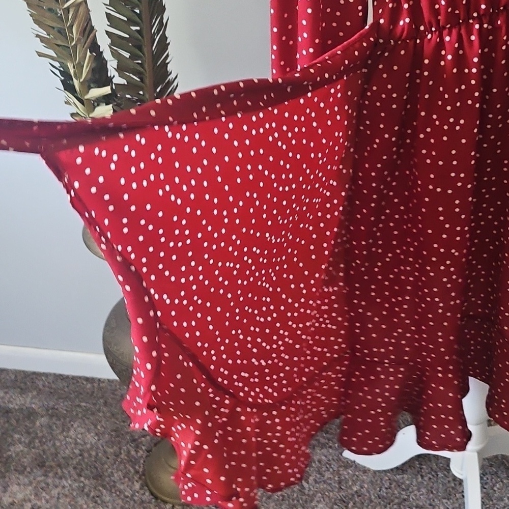 Brick Red Polka Dot Faux Wrap Skirt - Picture 7 of 14